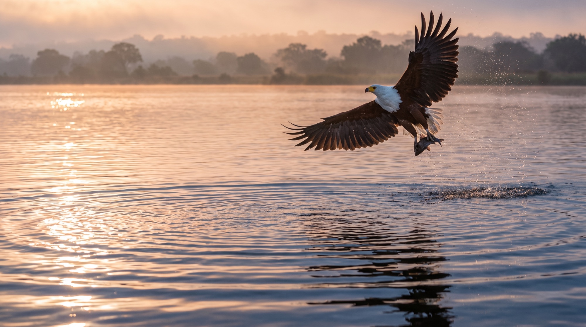 An African fish eagle rising from the water, droplets suspended in the low dawn light.