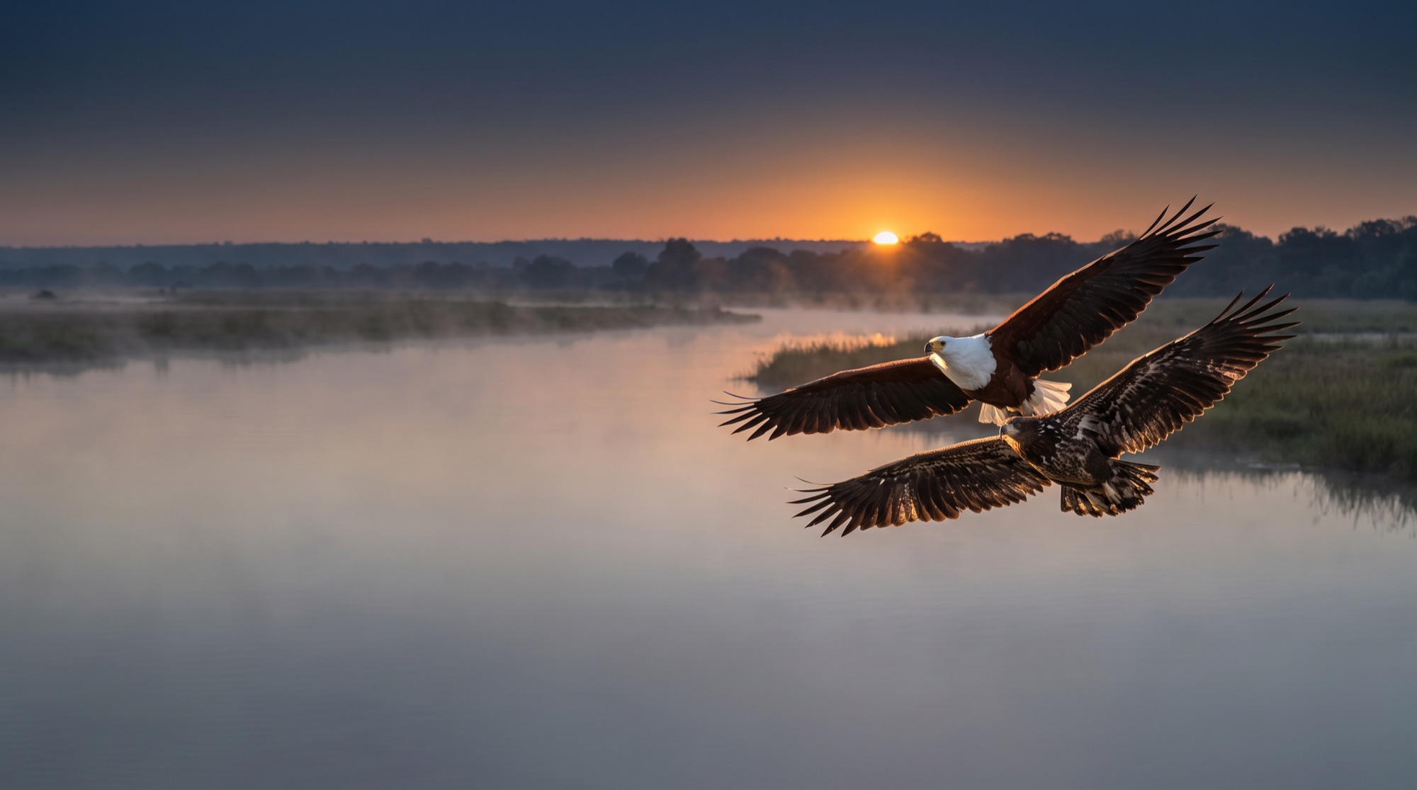 An adult African fish eagle flying alongside its young over a misty river at dawn, guiding it in flight.