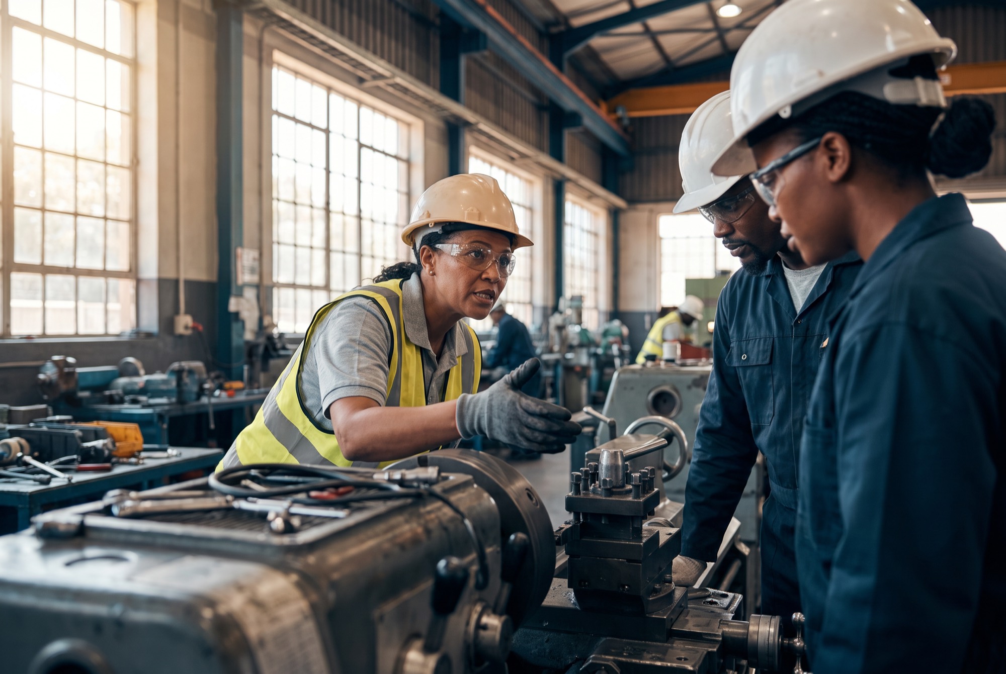 An experienced supervisor coaching two colleagues at industrial equipment in a workshop.